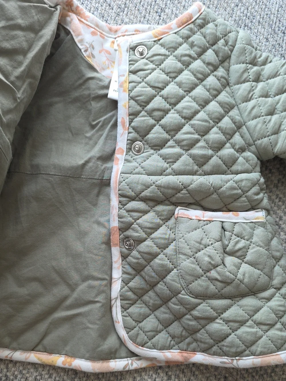 Quilted Sage Green Baby Jacket with Floral Trim